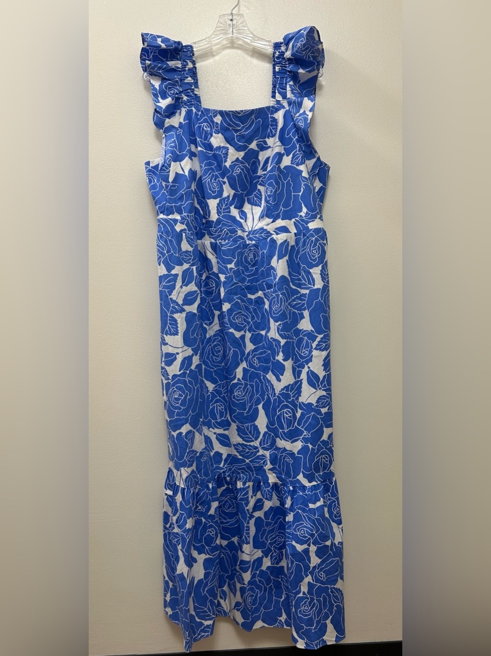 London Times Ivory/ Blue and White Floral Ruffle Maxi Dress (size 16W)